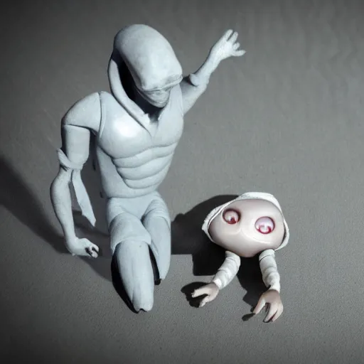 Prompt: grey alien kidnapping a child, detailed diorama, close up, bokeh