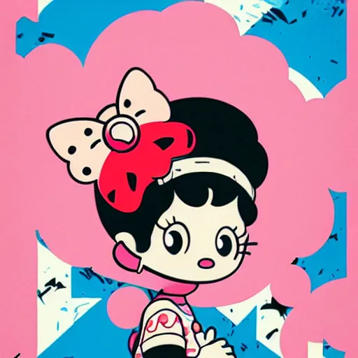 Prompt: Advertisement for Betty Boop x Hello Kitty by Sachin Teng :4 stylish, asymmetrical, Matte Painting , Vector , geometric shapes, hard edges, graffiti, street art:2 Masterpiece, impressive detail, vibrant, by Sachin Teng:4