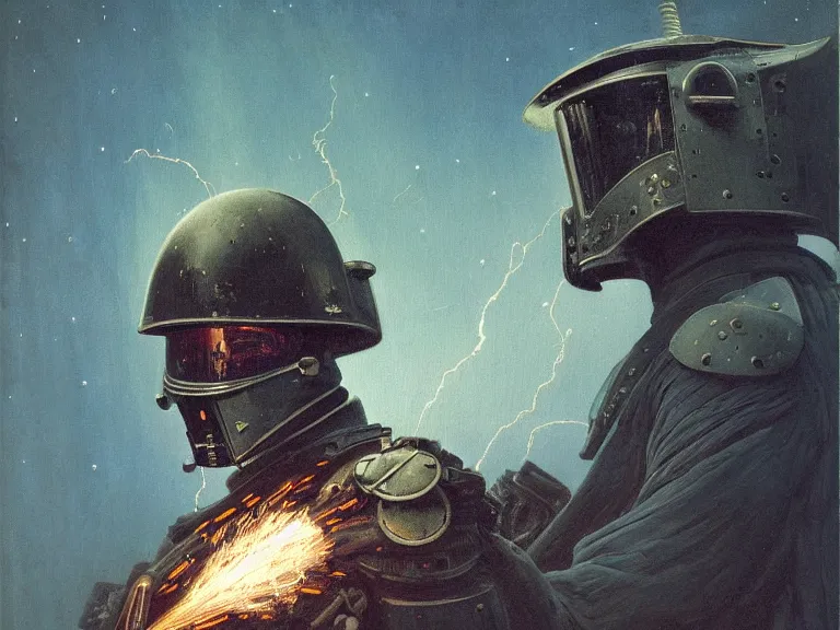 Image similar to a detailed profile painting of a bounty hunter in cloth and metal armour and visor. WW1 cinematic sci-fi poster. Cloth and metal. Welding, fire, flames, samurai Flight suit, accurate anatomy portrait symmetrical and science fiction theme with lightning, aurora lighting clouds and stars. Clean and minimal design by beksinski carl spitzweg giger and tuomas korpi. baroque elements. baroque element. intricate artwork by caravaggio. Oil painting. Trending on artstation. 8k