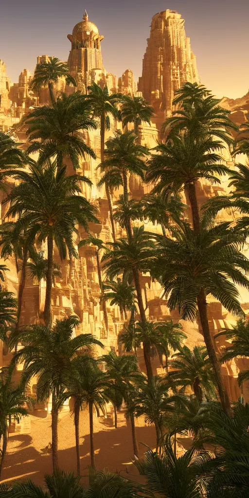 Image similar to eye level view of a golden detailed babylon tower, fantasy, golden hour, photorealism, arid mountains and lush palm forest, unreal engine