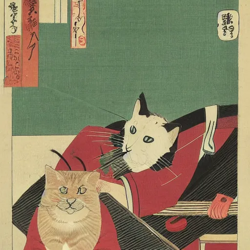 Image similar to angry handsome japanese butcher slices up parsley with a tabby cat sitting next to him, vintage, painting by utamaro