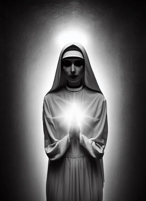 Image similar to surreal mythical dreamy dark artistic black and white fine art fashion portrait photo of a young beautiful delicate female robot - nun praying, spiritual, halo, glory, rim light, cinematic, studio dramatic light, poetic, masterpiece, octane render, 8 k, photo - realistic by gustave dore william black