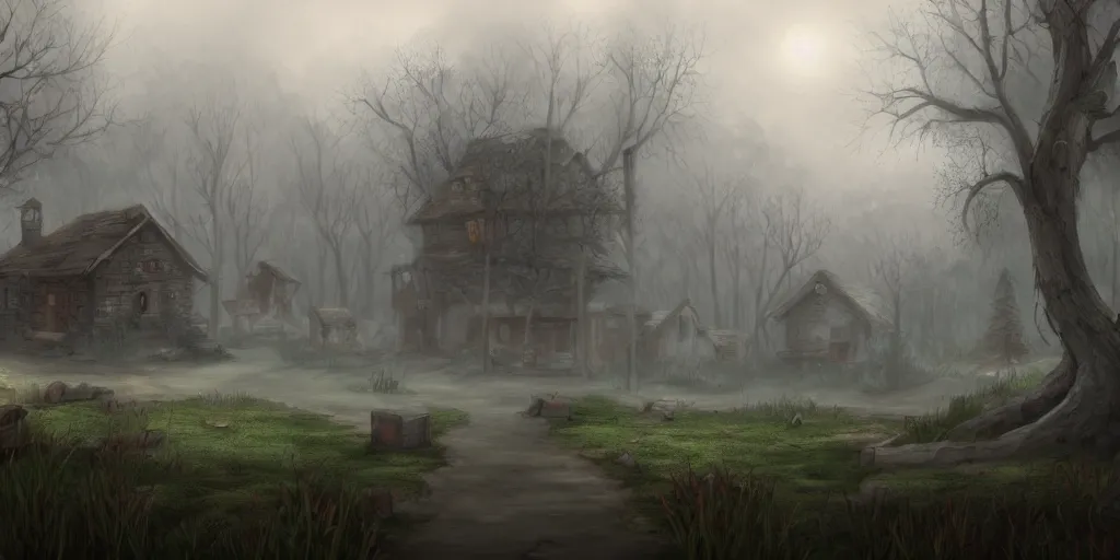 Prompt: village in the woods, ominous mist, high quality masterpiece 2 d platformer background, artstation