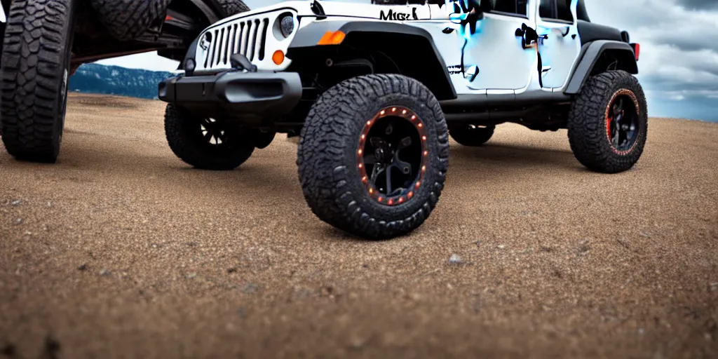 Prompt: Hot Wheels, Jeep Wrangler JKU, cinematic, Maxxis, 8k, depth of field, bokeh.