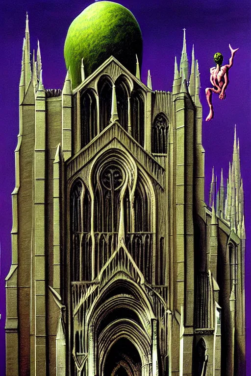 Image similar to a hyperrealistic painting of a flying biopunk alien monstrosity eating a cathedral, by chris cunningham and richard corben, highly detailed, vivid color,