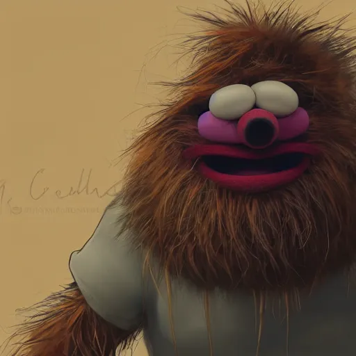 Image similar to a still of a forgotten muppet character looking very manly and modern, hilarious, laughing, hairy chest, huge chin, manly monster tough guy, roughled fur, photo real, photographic, photograph, artstation, trending, featured