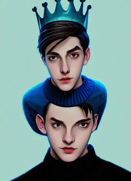 Image similar to portrait of teenage jughead jones wearing a light grey crown, crown, blue turtleneck, 1 9 5 0 s, closed eyes, photorealistic, black hair, glowing lighting, intricate, elegant, glowing lights, highly detailed, digital painting, artstation, concept art, smooth, sharp focus, illustration, art by wlop, mars ravelo and greg rutkowski