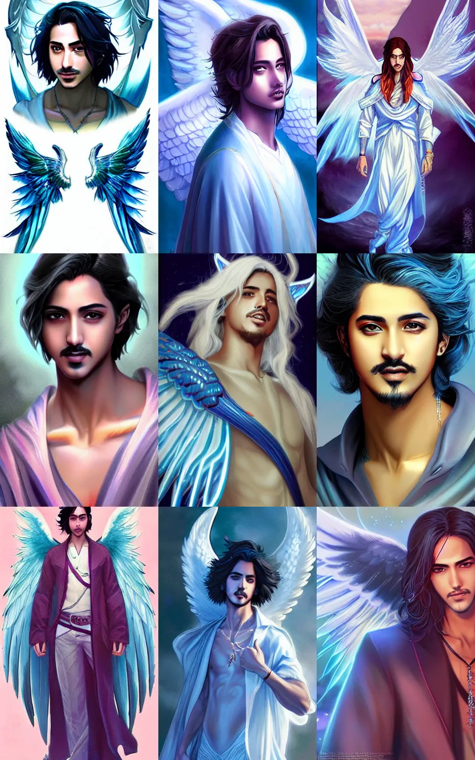 Prompt: Avan Jogia as an angel prince. Large blue wings. Character design by charlie bowater, ross tran, artgerm, and makoto shinkai, detailed, inked, western comic book art, 2021 award winning painting