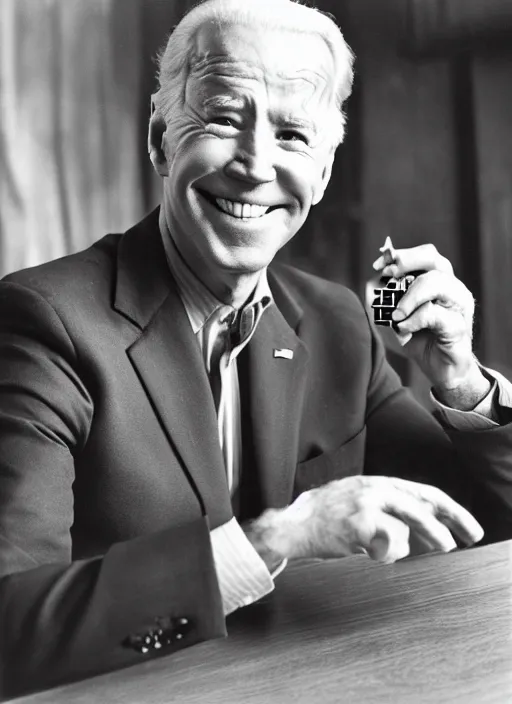 Prompt: a photograph of Joe Biden holding a d20 (20 sided dice), seated at a table, by A.M. Cassandre, medium format photography, Hasselblad, film