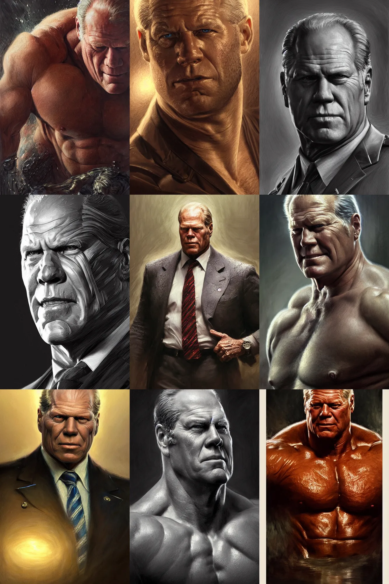 Prompt: portrait of a president gerald ford posing ultra realistic illustration, a hulking herculean gigachad, bulging muscles, intricate, highly detailed, digital painting, artstation, radiant light, caustics, war hero, concept art, smooth, sharp focus, by gaston bussiere, bayard wu, giger, maxim verehin