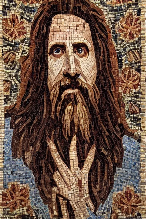 Image similar to intricate and beautifully arranged roman mosaic portrait of the dude from the big Lebowski in the style of a Persian carpet, 8k