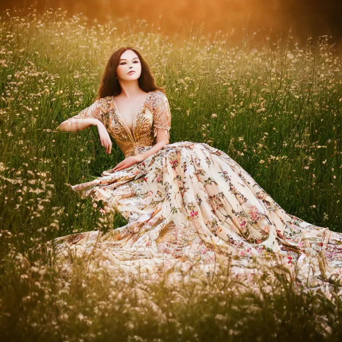 Image similar to portrait photo of an extremely beautiful woman in ornate gown sitting in an endless meadow. extremely detailed. dslr. 8 5 mm.