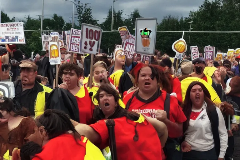 Image similar to cellphone photograph of a group of orcs protesting the working conditions in a mcdonalds parking lot. daylight. mcdonalds uniforms, aprons. picket signs