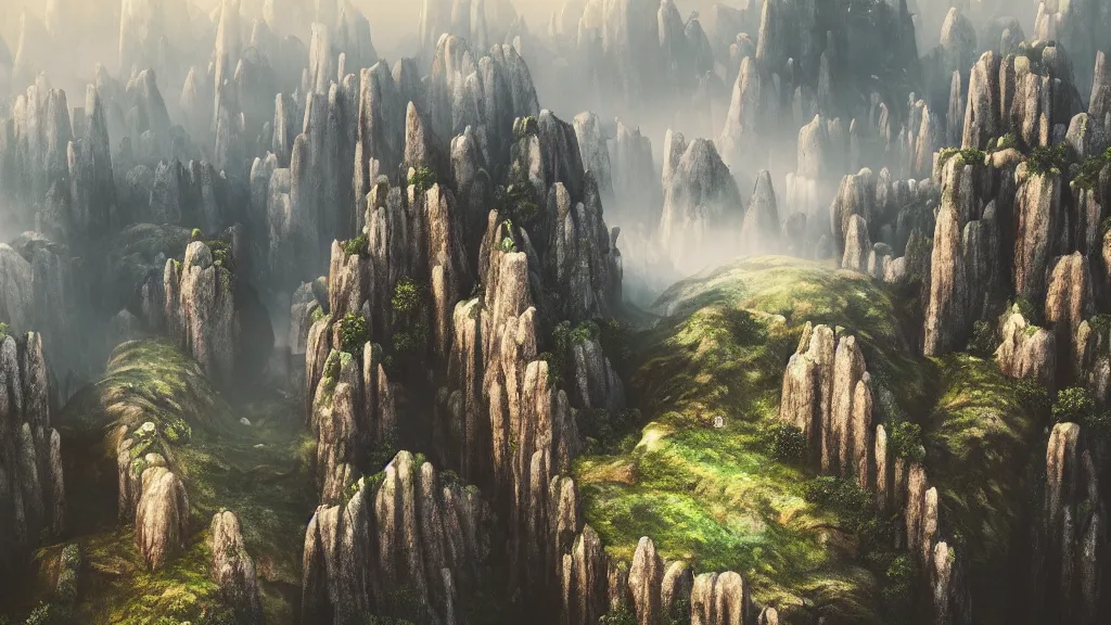 Image similar to epic landscape with large mountains and pillars of rock emerging from the ground, cinematic, light mist, volumetric lighting, hyperrealistic, detailed, arial view, fantastical 4 k hd