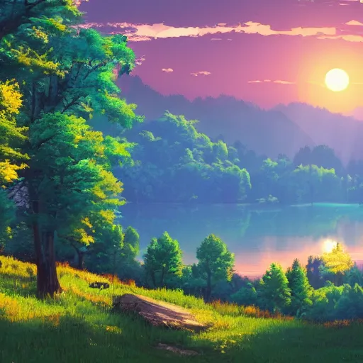 Prompt: a masterpiece detailed beautiful landscape of russian village, trees, lake, mountains, golden hour, sunset, by Makoto Shinkai