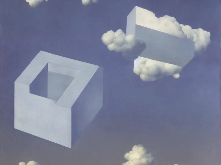 Image similar to hypercube in front of a cloudy sky and black floor painting by rene magritte, high detail, high resolution