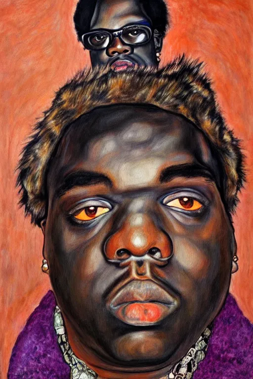 Image similar to a portrait of biggie smalls wearing boho - chic style clothes, with a fur muffler, full body!!, realistic painting in egon schiele style, masterpiece, hyperdetailed, complex, intricate, 4 k, hyperrealistic, trending on artstation