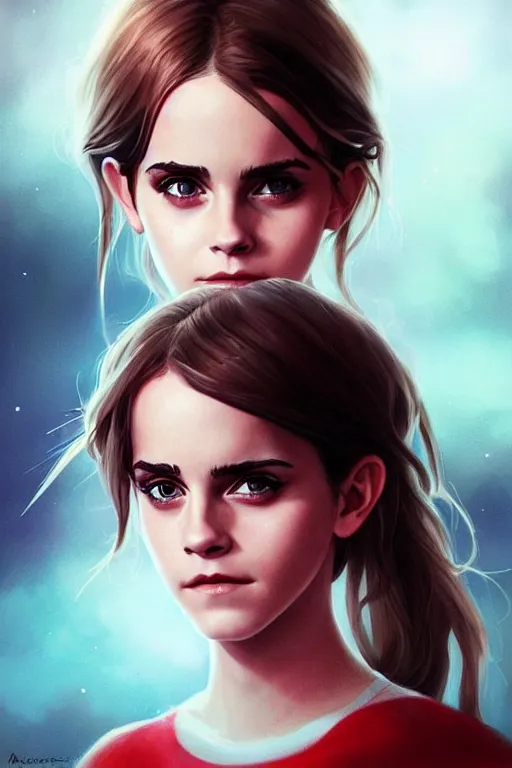 Image similar to emma watson with big eyes, beautiful eyes, blue eyes, green eyes, lovely eyes, red eyes, glowing eyes, by artgerm and greg rutkowski