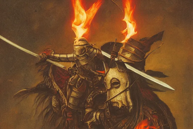 Image similar to photo of a medieval knight holding a sword in flames, award winning, ultradetailed