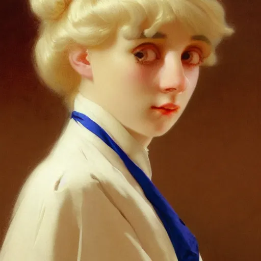 Image similar to a young woman's face, her hair is white and she wears a cobalt blue satin cloak, by ivan aivazovsky and syd mead and moebius and gaston bussiere and roger dean and pieter claesz and paul delaroche and alma tadema and aelbert cuyp and willem claesz, hyperrealistic, volumetric light, octane render