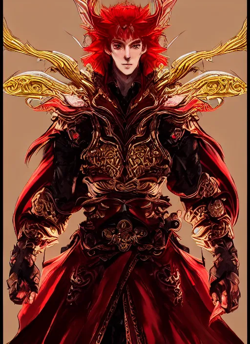 Image similar to Half body portrait of a handsome young red haired elven monk prince with dragon eyes, staff and red and golden ornate dragon robe. In style of Yoji Shinkawa and Hyung-tae Kim, trending on ArtStation, dark fantasy, great composition, concept art, highly detailed.