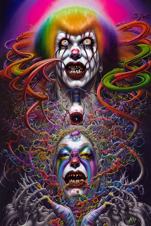 Prompt: realistic detailed image of wrathful rainbow nightmare scientist clown god fun house action horror by lisa frank, john martin, ayami kojima, amano, karol bak, greg hildebrandt, and mark brooks, neo - gothic, gothic, rich deep colors. beksinski painting, part by adrian ghenie and gerhard richter. art by takato yamamoto. masterpiece