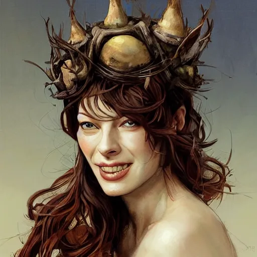 Prompt: doctor octavius as an attractive young smiling woman played by milla jovovich wearing a mushroom crown and heavy armoured wedding dress, face portrait, hd shot, digital portrait, elegant, beautiful, fantasy art, artstation, comic style, by artgerm, guy denning, jakub rozalski, magali villeneuve and charlie bowater