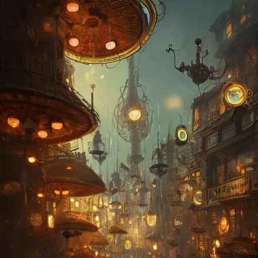 Image similar to a magical city of mushrooms ,cute ,clean and clear,in steampunk city by Greg rutkowski,sung Choi, 8k photo realistic, cinematic lighting, hd ,high details, atmospheric, trending on artstation, glowing effect, devinart, golden ratio, rule of thirds