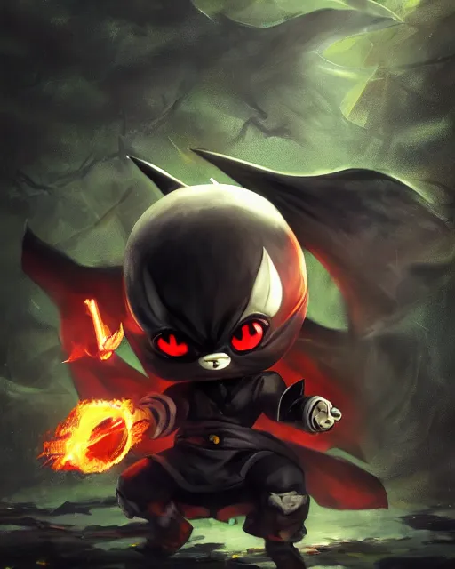 Image similar to oil painting of Anthropomorphized Angry cute chibi ninja, attacking, throwing shurikens, wearing black ninja suit, sharp focus, fantasy style, octane render, volumetric lighting, 8k high definition, by greg rutkowski, highly detailed, trending on art Station, magic the gathering artwork, magical forest background from MapleStory, centered