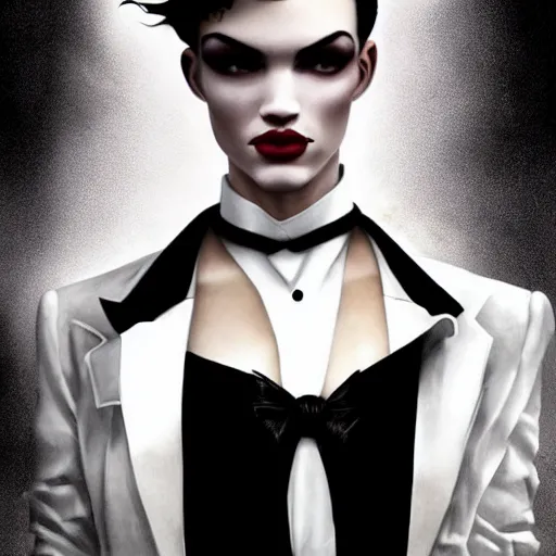 Image similar to stunning portrait of androgynous ruby rose as desire from sandman in a white tuxedo!!!, rockabilly style, by frank moth, by alphonse mucha, by jeremy mann, by peter lindbergh, dave mckean, white suit and black tie, soft lightning, high detailed, 8 k