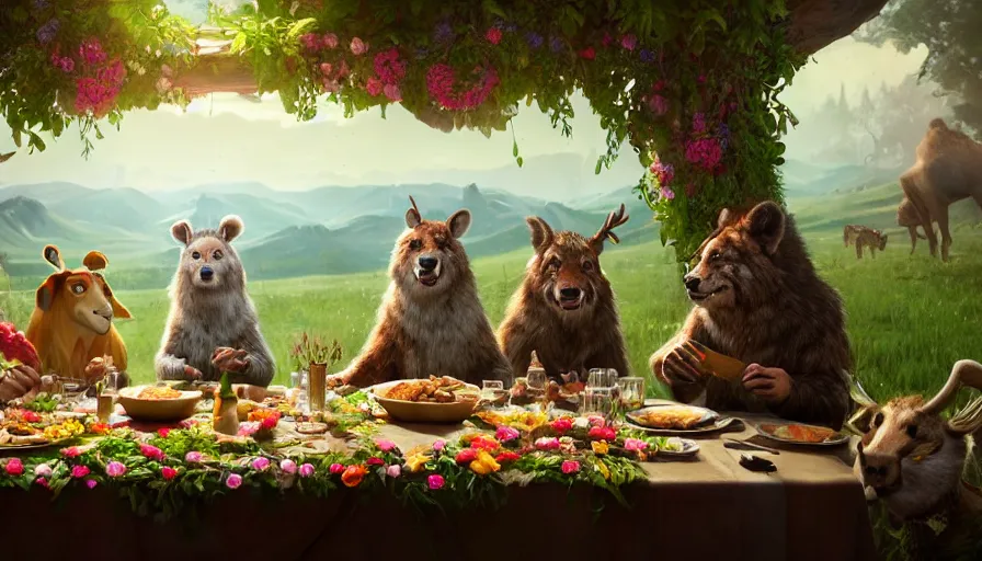 Prompt: a table dinner of animals where animals are dressed like the characters from the midsommar movie wearing flowers, realistic detailed digital art by maxwell boas jessica rossier christian dimitrov anton fadeev trending on artstation cgsociety rendered in unreal engine 4 k hq