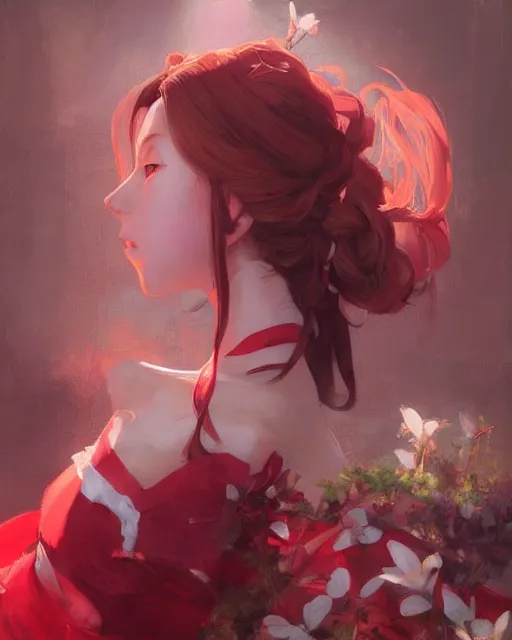 Image similar to aerith gainsborough in red cottagecore dress, portrait, illustration, rim light, top light, perfectly shaded, soft painting, art by krenz cushart and wenjun lin