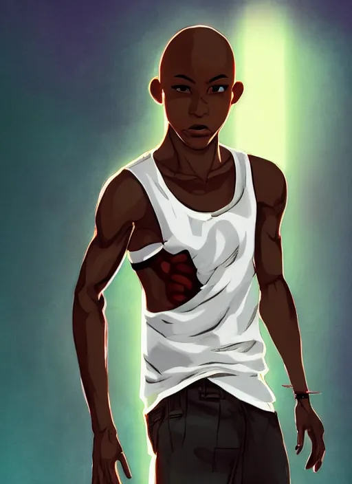 Prompt: character illustration illustrated by tatsuki fujimoto, bald african-american male teenager wearing a white tank-top, cyberpunk, emotional lighting