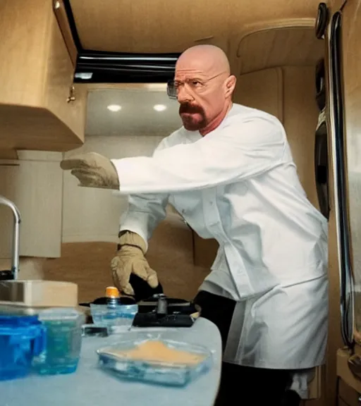 Image similar to film still of kim kardashian as walter white cooking meth inside an rv in the tv show breaking bad, full-shot, 4k