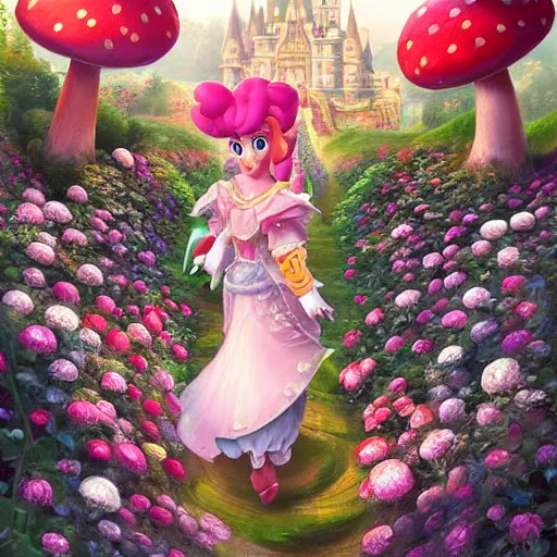 Prompt: portrait of princess peach from Mario, running up a hill of exotic flowers in the Mushroom Kingdom, giant red and white spotted mushrooms, and roses, from behind, Castle in distance, birds in the sky, sunlight and rays of light shining through trees, beautiful, solarpunk!!!, highly detailed, digital painting by Michael Garmash and Peter Mohrbacher