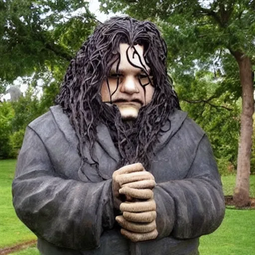 Prompt: A sculpture made of recycled materials but with perfect definition, in the shape of Hagrid de Harry Potter