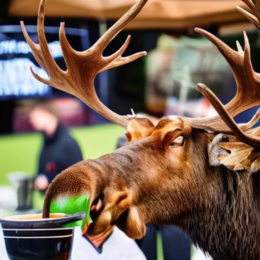 Prompt: a moose with maple leaves on antlers selling coffee at a stand, realistic, 8 k