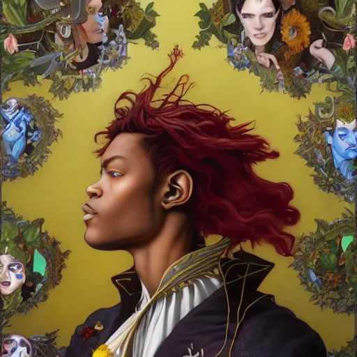 Image similar to a beautiful and androgynous half - elf with messy short red hair and dark skin tone and catlike features and yellow eyes with slit pupils, wearing a colorful men's suit, dnd character, realistic digital painting by kehinde wiley and ross tran and gerald brom and tasha beckwith and alphonse mucha, trending on artstation