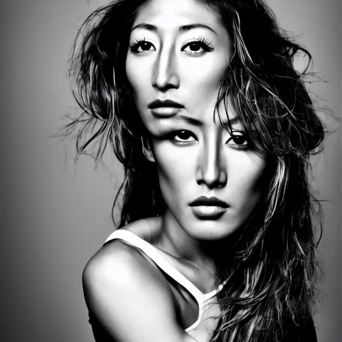Prompt: young beautiful woman dichen lachman, gorgeous face, black and white photography, high fashion, full - body, 8 k,, ultra sharp focus, art by richard avedon, hellmut newton, victoria siemer, kirsty mitchell, laura zalenga