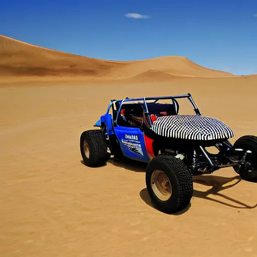 Prompt: realistic dune buggy driving on a dirt road, desert landscape, photograph