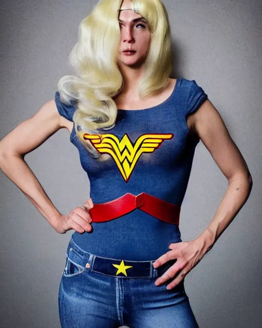 Image similar to a Chimpanzee, dressed as Wonder Woman, is wearing tight fit Blue Jean pants and wearing a blonde wig, photographed in the style of Annie Leibovitz, photorealistic