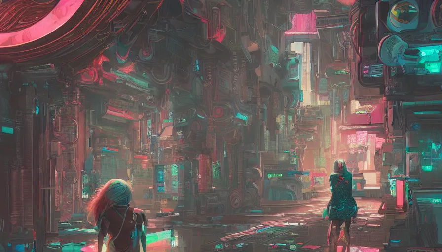 Image similar to a digital painting of a woman exploring a temple, cyberpunk art by james jean, cgsociety, retrofuturism, anime aesthetic, chromatic, iridescent