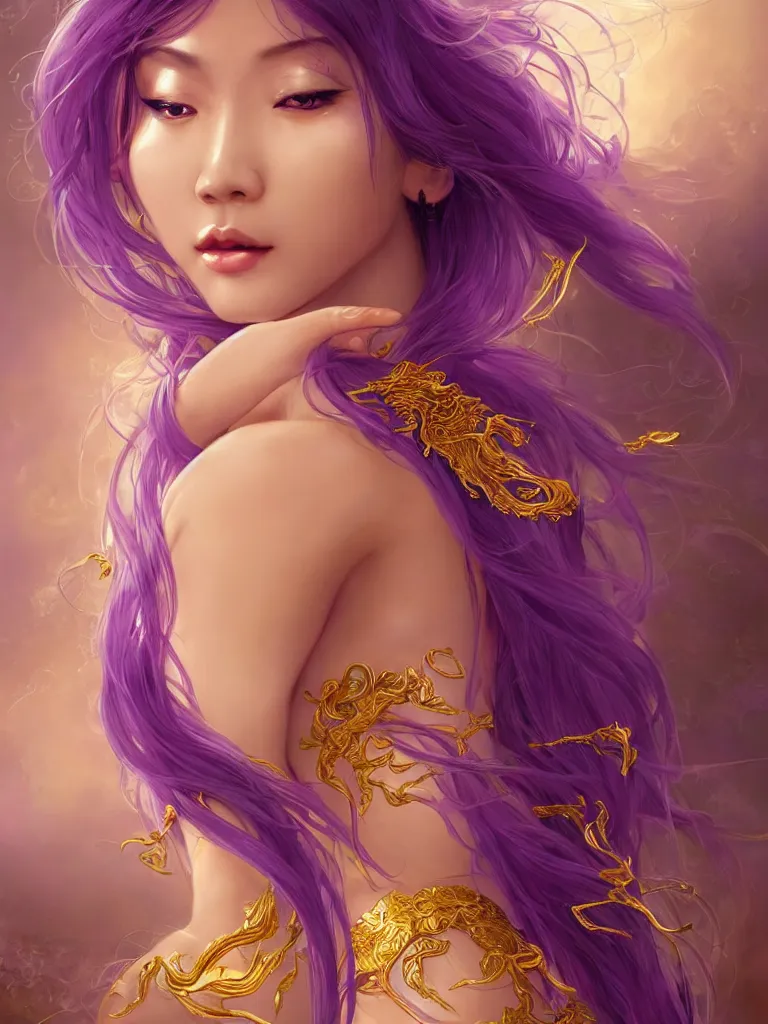 Image similar to asian nymph goddess flowing purple hair twisting in sensual pose with golden tattoes of cursive sigils on her opalescent skin, fantasy, intricate, very beautiful, elegant, golden light, highly detailed, digital painting, artstation, concept art, smooth, sharp focus, unreal engine, art by wlop and tian zi and alphonse mucha