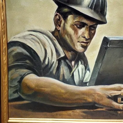 Prompt: 1 9 6 0's detailed intricate social realism painting of worker with laptop, heroic