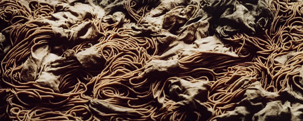 Image similar to the black death in the middle ages, dead bodies next to spaghetti, canon 5 0 mm, wes anderson film, kodachrome, retro