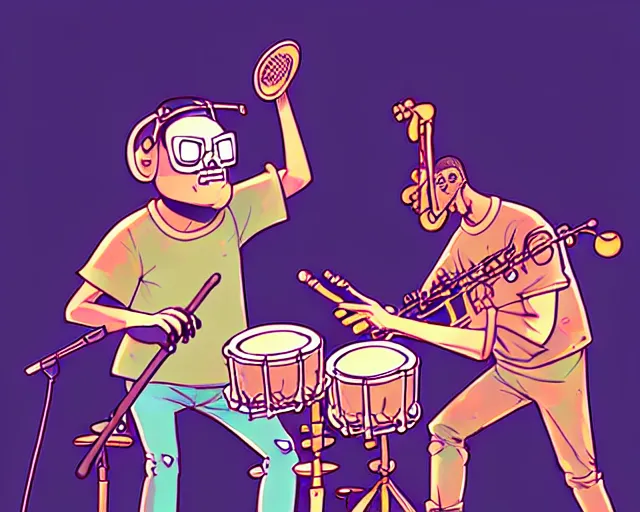 Image similar to a study of cell shaded cartoon of a two man band playing a microKorg synthesizer and drums, subtle colors, post grunge, concept art by josan gonzales and wlop, by james jean, Victo ngai, David Rubín, Mike Mignola, Laurie Greasley, highly detailed, sharp focus, Trending on Artstation, HQ, deviantart, art by artgem