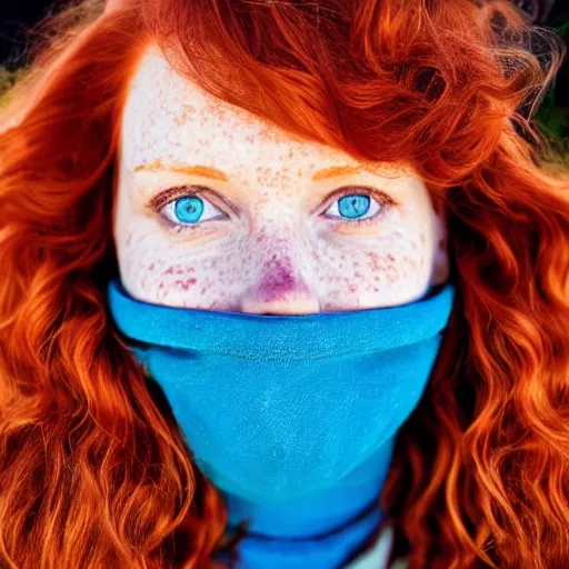 Image similar to Close up photo of the left side of the head of a redhead woman with gorgeous blue eyes and wavy long red hair, red detailed lips and freckles who looks directly at the camera. Slightly open mouth. Whole head visible and covers half of the frame, with a park visible in the background. 135mm nikon.