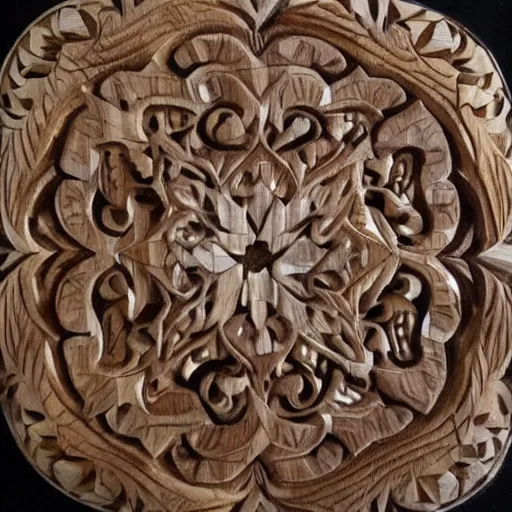 Prompt: wood carved mendala hyper realistic detailed luminous ivory and gold inlay