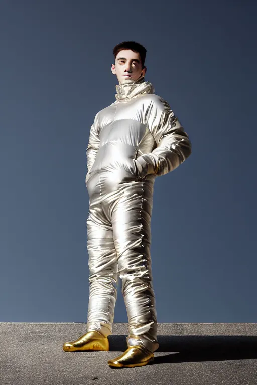 Image similar to un ultra high definition studio quality photographic art portrait of a young man standing on the rooftop of a british apartment building wearing soft baggy inflatable padded silver iridescent pearlescent clothing. three point light. extremely detailed. golden ratio, ray tracing, volumetric light, shallow depth of field. set dressed.