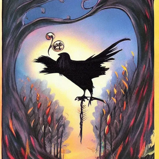 Image similar to fantasy painting of a raven by dr seuss | horror themed | creepy